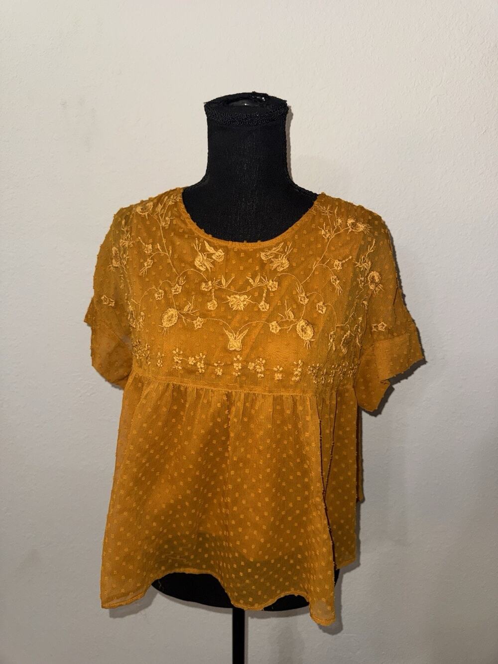 Chumbak Medium Mustard Yellow Embroidered Swiss Dot Peplum Top Short Sleeve Boho